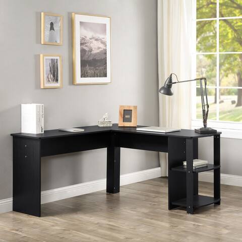 Black L-Shapped Desk Office with Storage Shelf PC Table