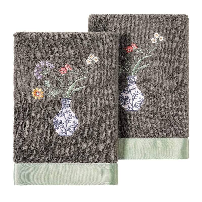 Authentic Hotel and Spa 100% Turkish Cotton Stella 2PC Embellished Hand Towel Set - Charcoal