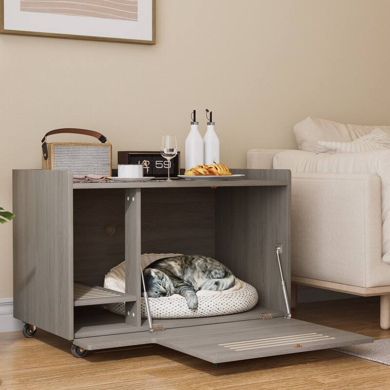 Cat Litter Box Enclosure, Hidden Litter Box Furniture with Wheels, Pet House Decorative Side End Table - Grey