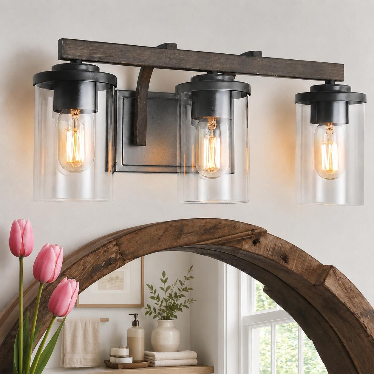 Farmhouse 3/4-Light Bathroom Vanity Light Cylinder Glass Wall sconces
