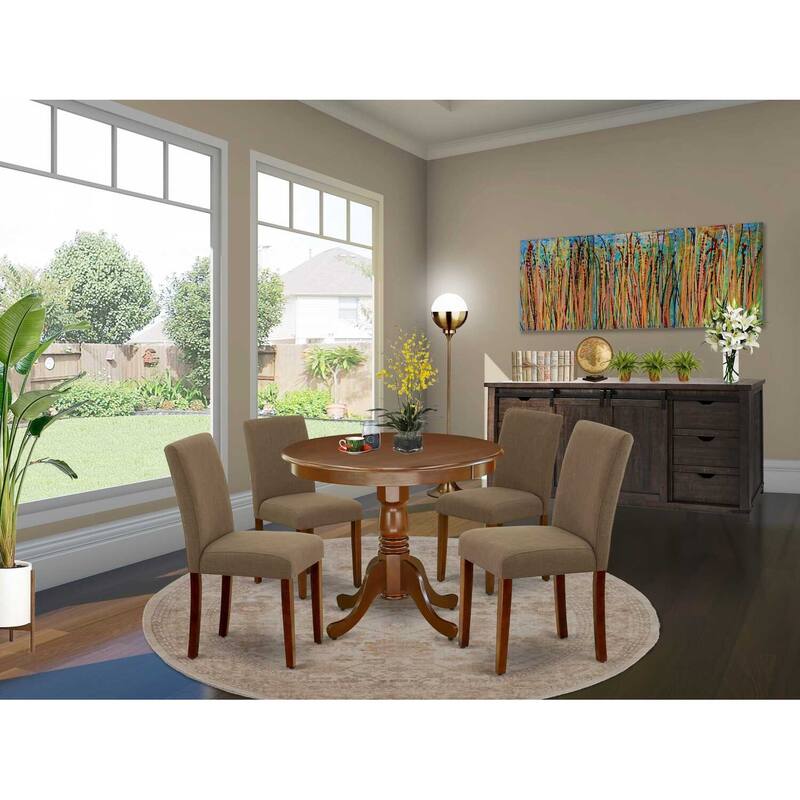 Round Dining Set 5pc - 36" Table & 4 Chairs - Linen Fabric, Mahogany Legs - Elegant Dining Room Furniture