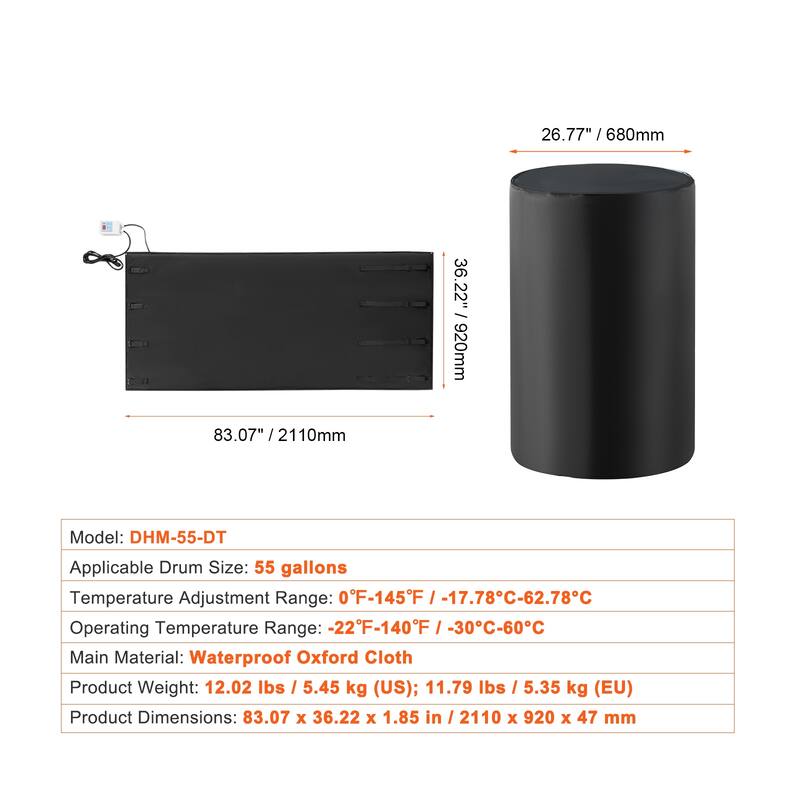 Metal Drum Heater, 1300 Watt, Pail Heating Band for 55 Gallon Barrel - 55 Gallon
