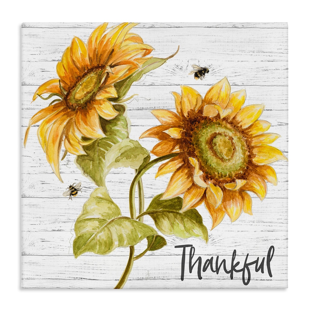 Stupell Thankful Text Country Sunflowers Bumble Bees Canvas Wall Art