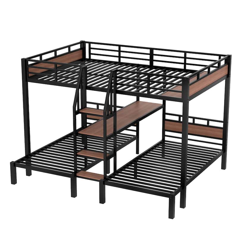 1+2 Sleeping Layout, Triple Bunk Bed for Multi Children with Stairs and Shelf, Queen Over Twin Over Twin Metal Bed Frame
