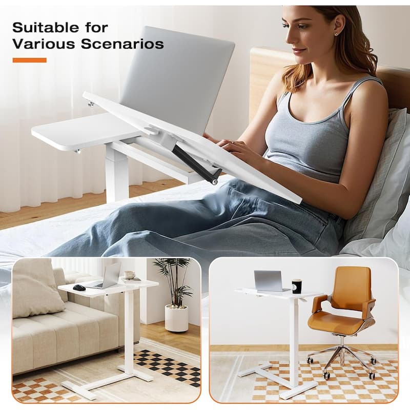 Overbed Bedside Table, Mobile Standing Desk Adjustable Height, Small Rolling Laptop Computer with Wheels, Tiltable Desktop