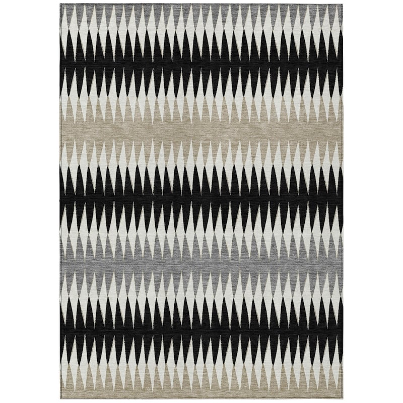 Black Gray And Beige Striped Washable Indoor Outdoor Area Rug - 8' X 10'