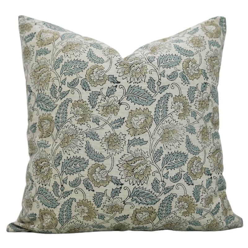 Fabdivine Handmade Floral or Weave Yellow Pillow Cover in Soft Linen for Block Print Room Boho Spring Home Décor, Lehar - Mandakani- Grey, Blue - 16" x 16" - Pillow Covers