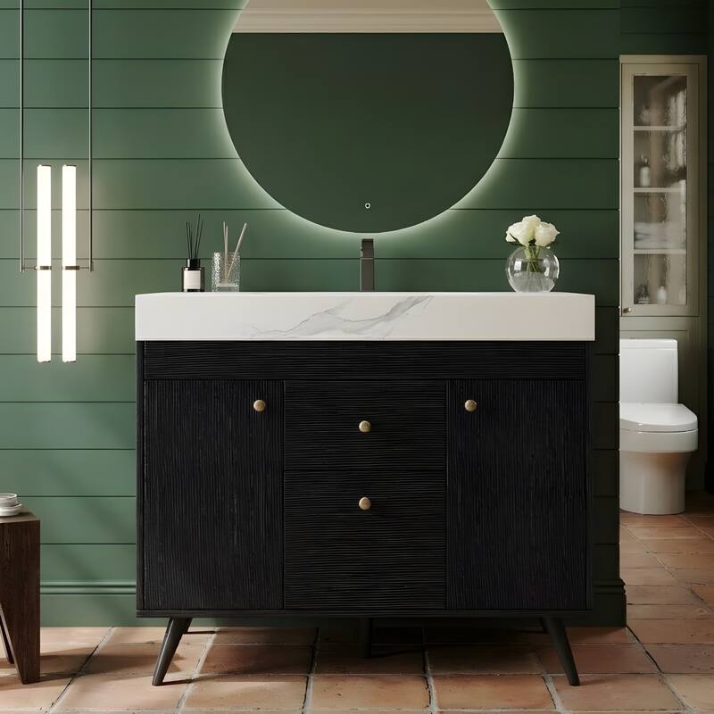 36" Modern Freestanding Bathroom Vanity with Sintered Stone Top, Ceramic Sink & Smart Storage