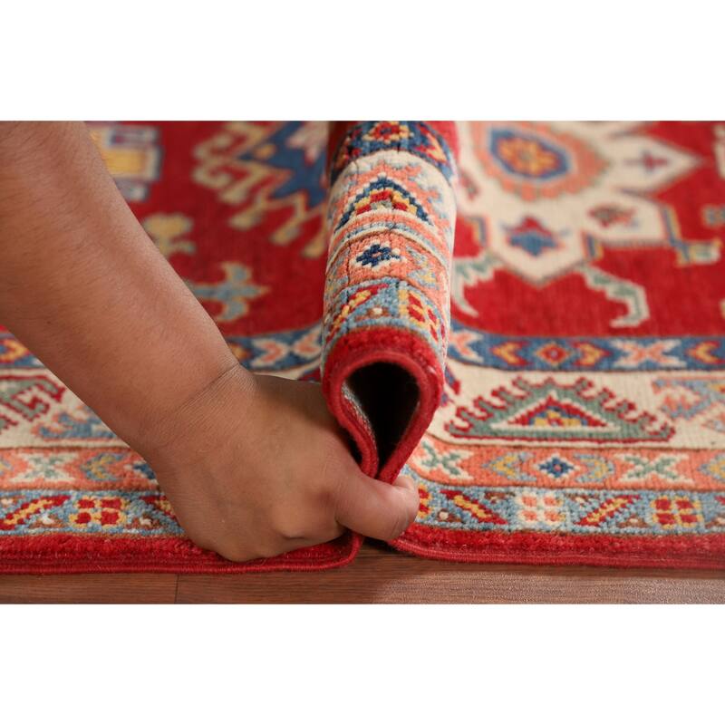 Geometric Red Kazak Oriental Runner Rug Hand-Knotted Wool Carpet - 2'7" x 9'4"