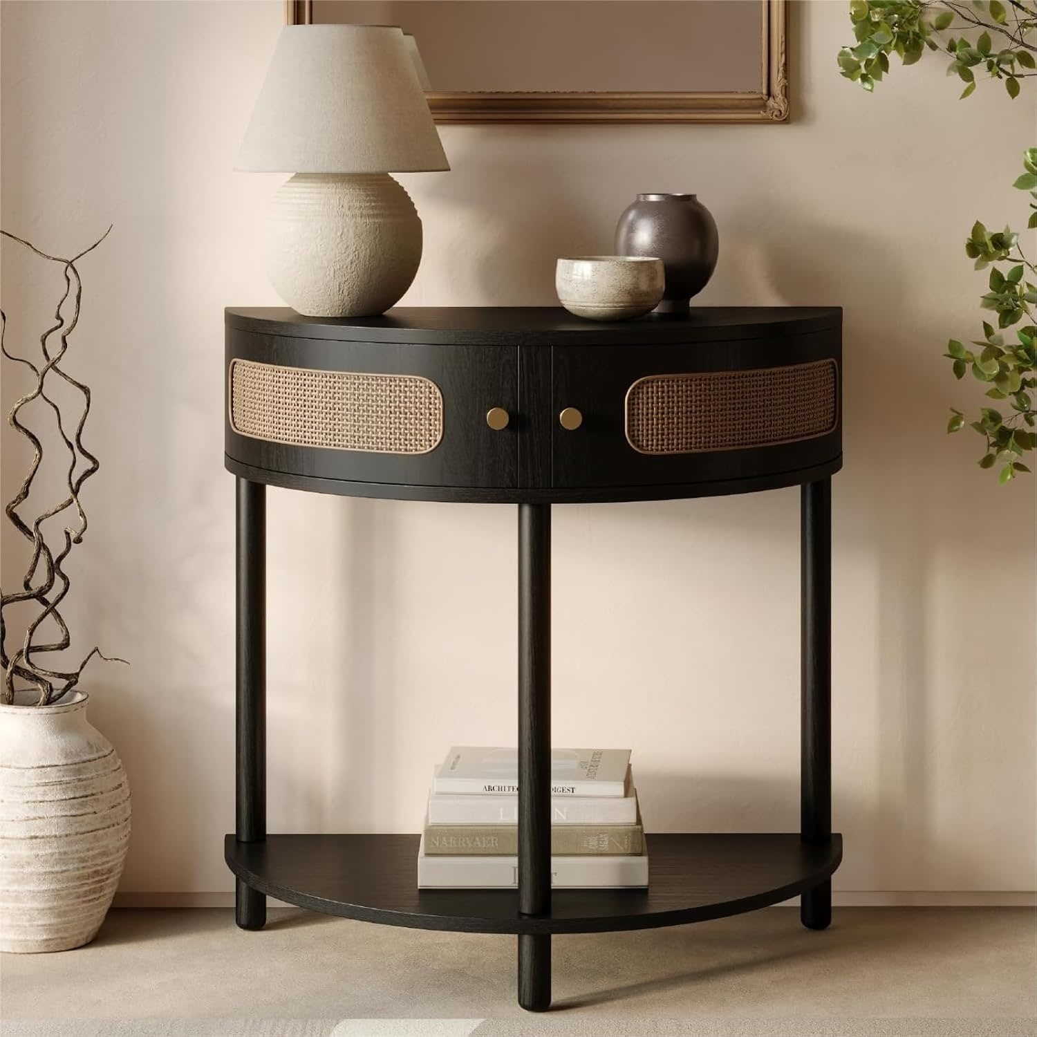 Half Moon Entry Table with Storage for Narrow Spaces, Modern Console Desk in Black Oak