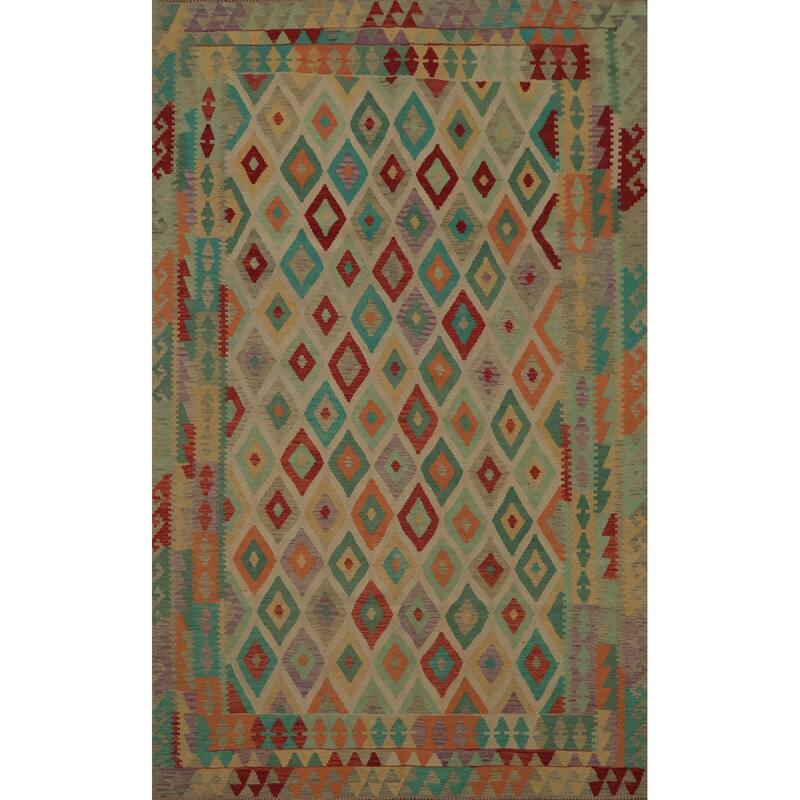Hand Woven Oriental 100% Wool Carpet Southwestern Tribal Beige & Ivories Kilim Area Rug - 9' 7'' X 6' 9''