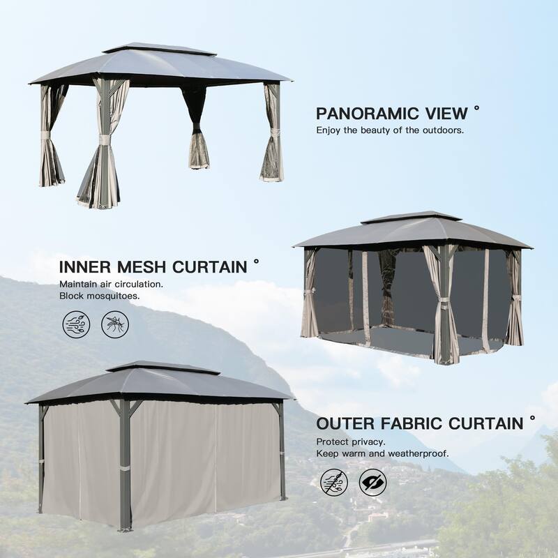 Outdoor Gazebo Shed with Double Roofs & Adjustable Corners, Removable Netting and Curtains, Water-proof Garden Shed