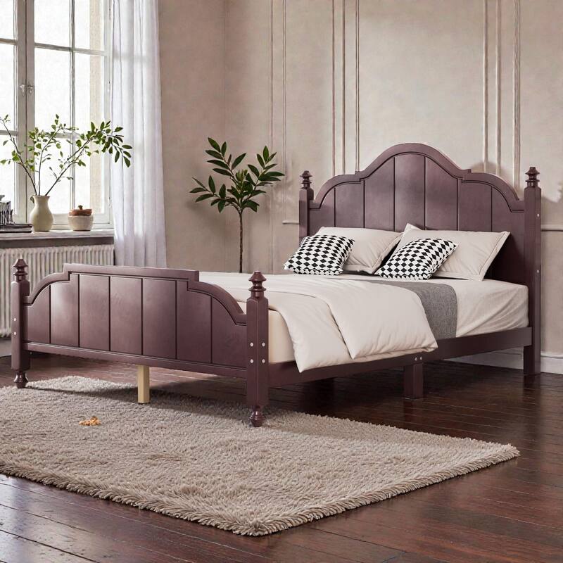 Full/Queen Wooden Platform Bed Frame with Wide Headboard, Slat Support, Vintage Style, No Box Spring Needed