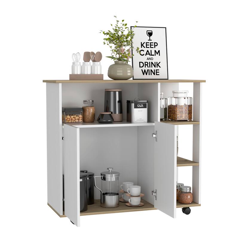 Compact Kitchen Island Kamkacht, Light Oak / White, 1 Cabinet, 4 Shelves, Locking Casters for Stability