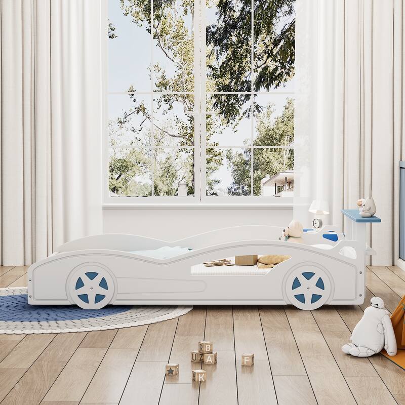 Wooden Race Car Platform Bed Frame for Teens, Car-Shaped Twin Size Platform Bed with Storage and Wheels, Bedroom Furniture