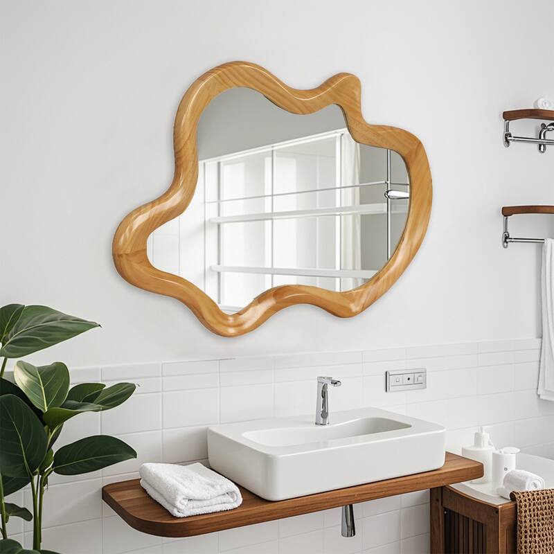 33.46" x 22.24" Irregular Shaped Wall Mirror with Natural Wood Frame