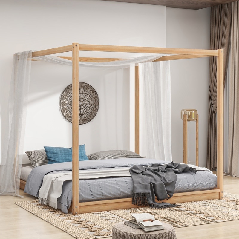 Full Queen King Size Canopy Bed 4 Post Wood Platform Bed Frame
