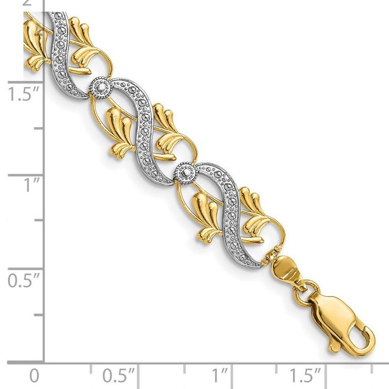 Curata 14k Yellow Gold D C White Dots Connecting Sash and Leaves Two color Bracelet 7.5 Inch