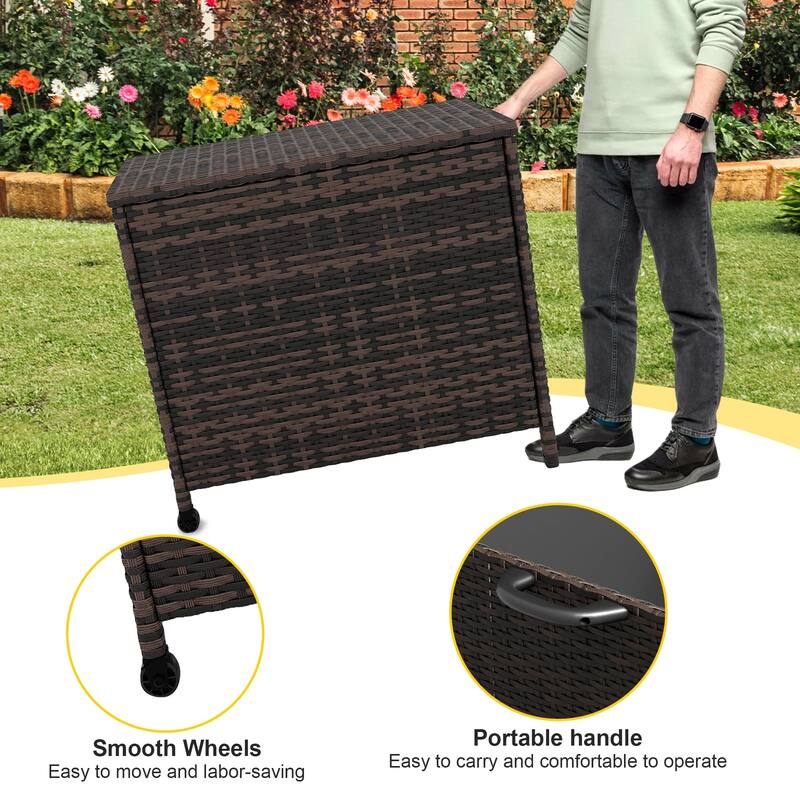 Outdoor Storage Box, 80 Gallon Rattan Deck Box with Support Frame and Wheels - 80 Gallon
