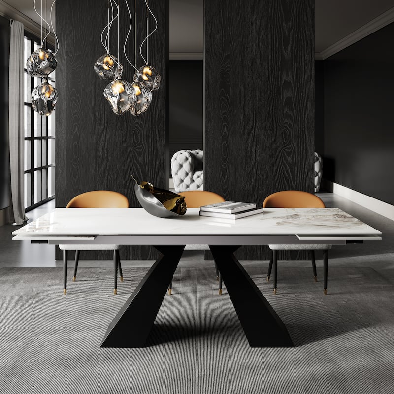 Extendable Rectangular Sintered Stone Double Pedestal Dining Table