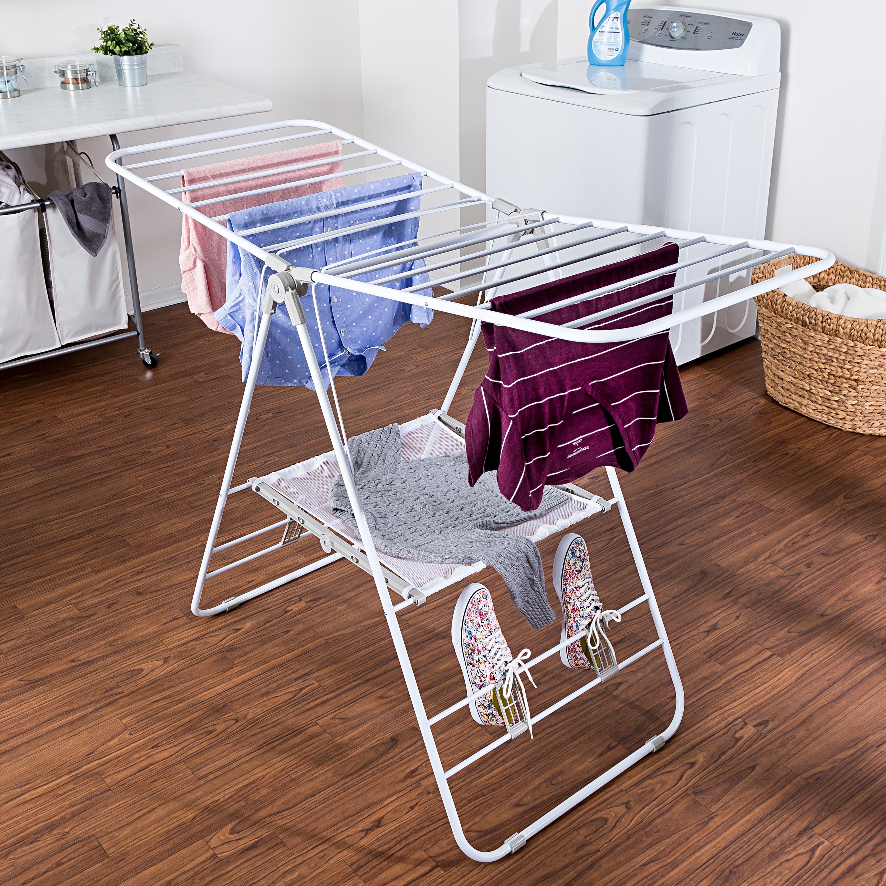 TOOLF Foldable Clothes Drying Rack, 4-Tier Drying Rack Clothing, Laundry  Drying Rack with Foldable Wings, Space Saving Laundry Rack, Pink