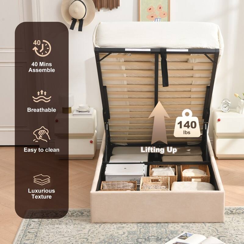 Plywood Frame Upholstered Platform Bed with Lift-up Storage