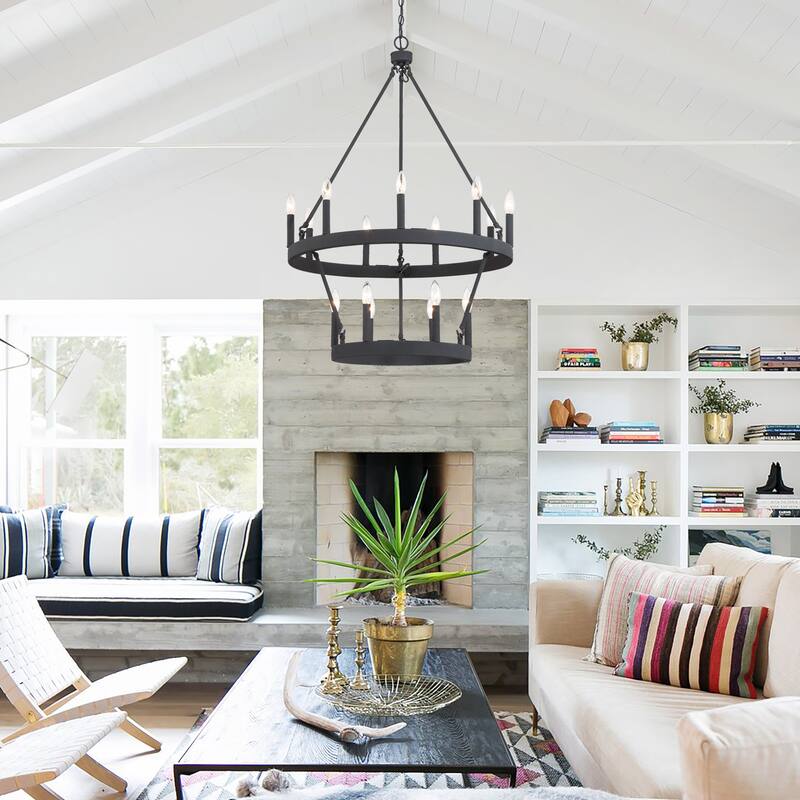 Acroma Farmhouse Black 15-light Tiered Chandelier for Dining Room - 27.5