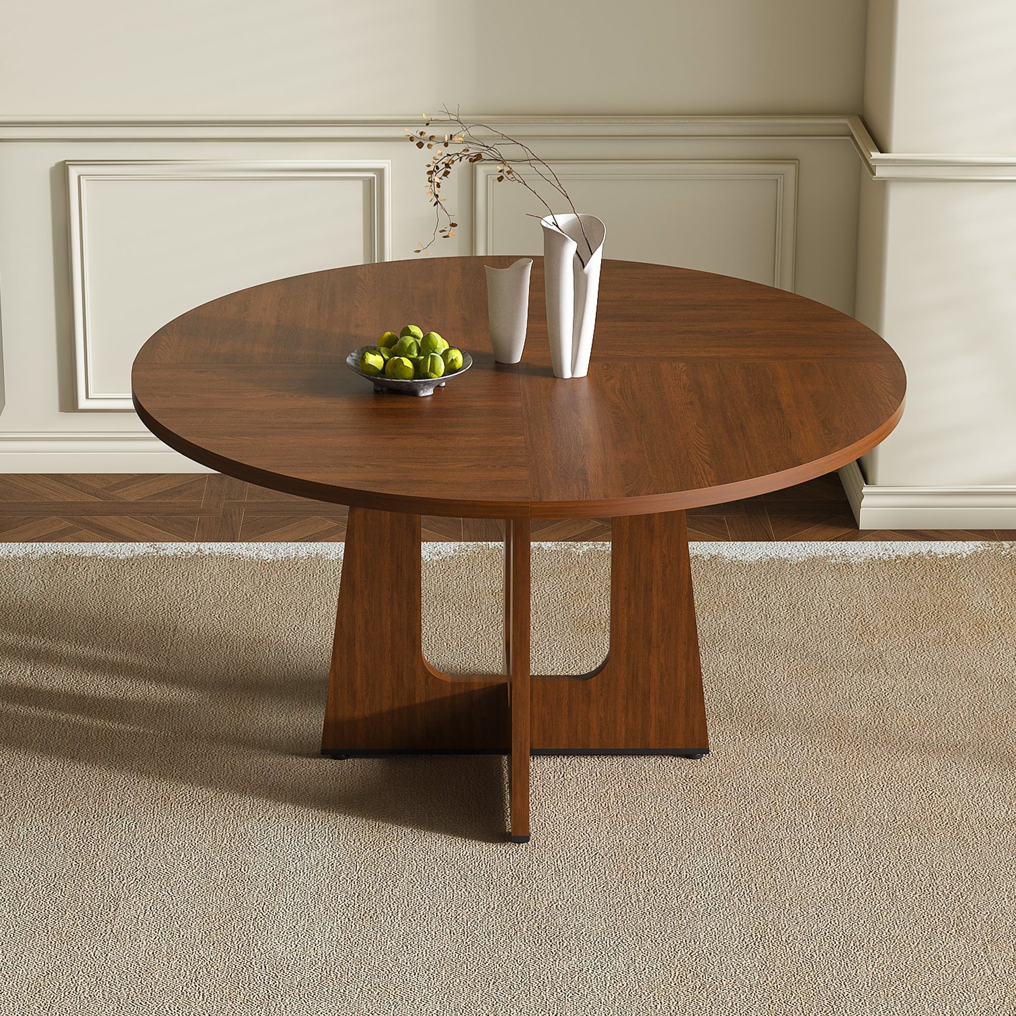 Round Wood Dining Table, Kitchen Table with X-Cross Base, Home Office Table with Adjustable Foot Pads