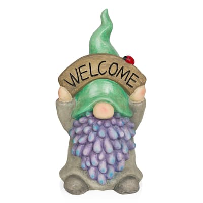 Gnome with Green Hat Holding Up "Welcome" Sign