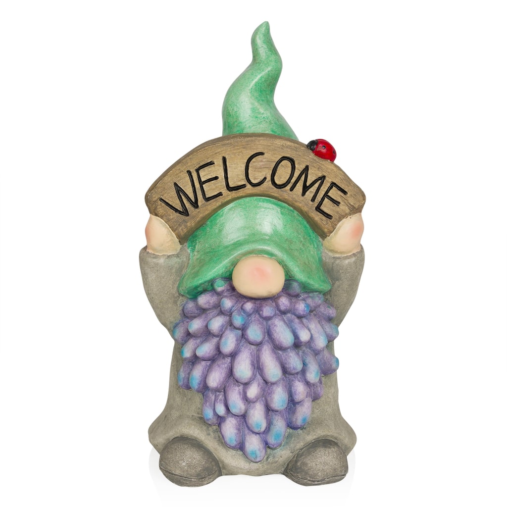 Gnome with Green Hat Holding Up "Welcome" Sign
