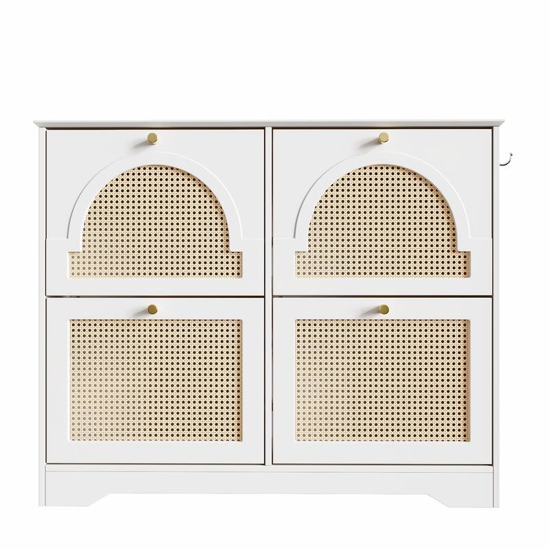 Mid-Century Shoe Cabinet with 4 Flip Drawers - Narrow Entryway Organizer with Rattan Doors & Hooks