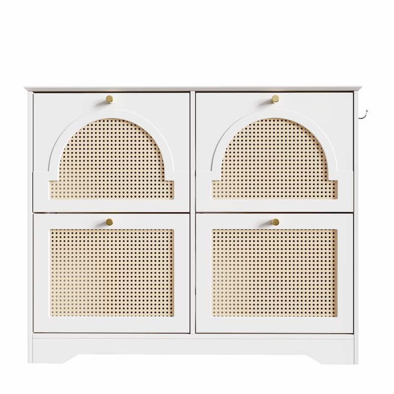 Narrow Shoe Cabinet with 4 Flip Drawers, Freestanding Entryway Shoe Organizer, Shoe Rack with 4 Rattan Doors & 2 Hooks