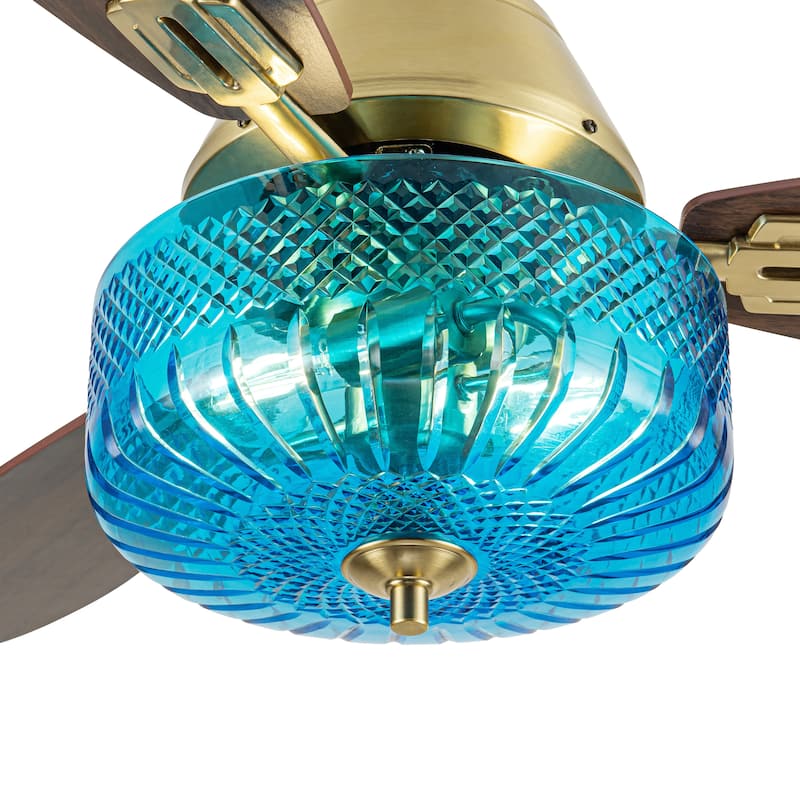 Maeve River of Goods 3-blade 42-inch Glam Indoor Ceiling Fan with Blue Hand-Cut Glass Shade and Remote Control