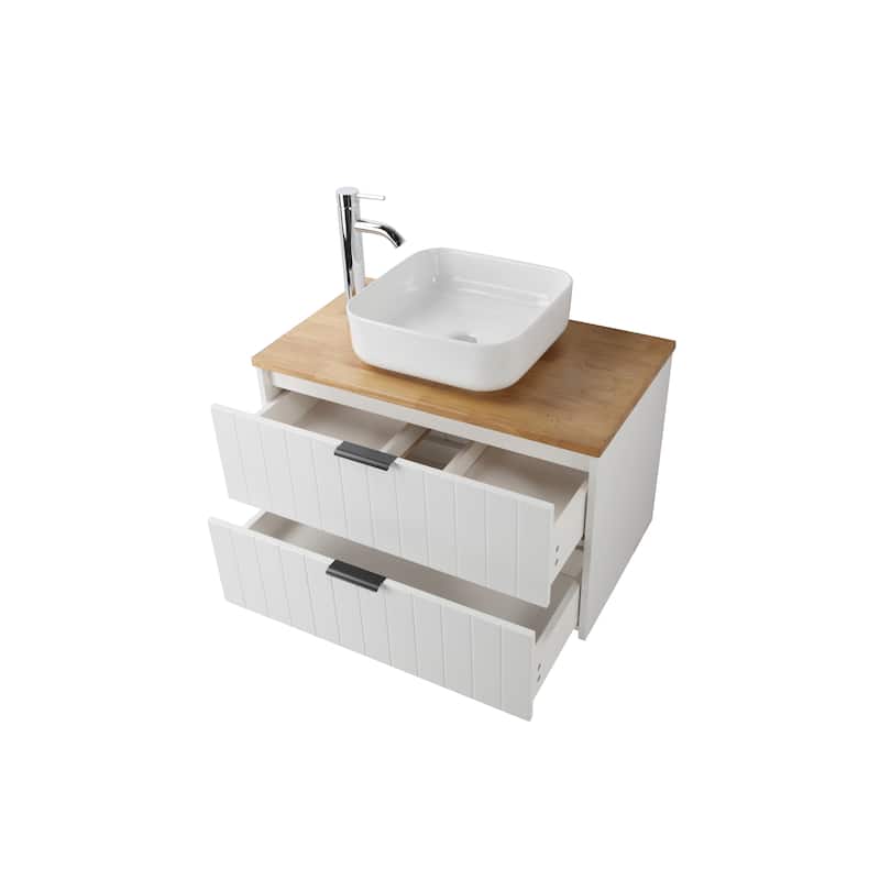 32" Drawer Wall-Mounted Vanity with Solid Wood Top and Round Mirror