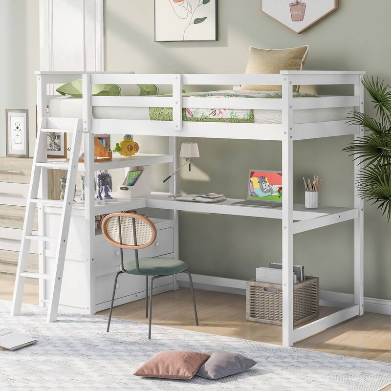 Loft Bed with Desk and Shelves, Two Built-in Drawers