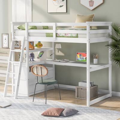 Pine Loft Bed with Desk, Shelves & Drawers