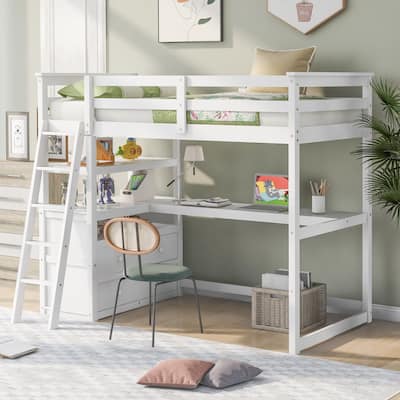 Twin Size Loft Bed with Desk and Shelves