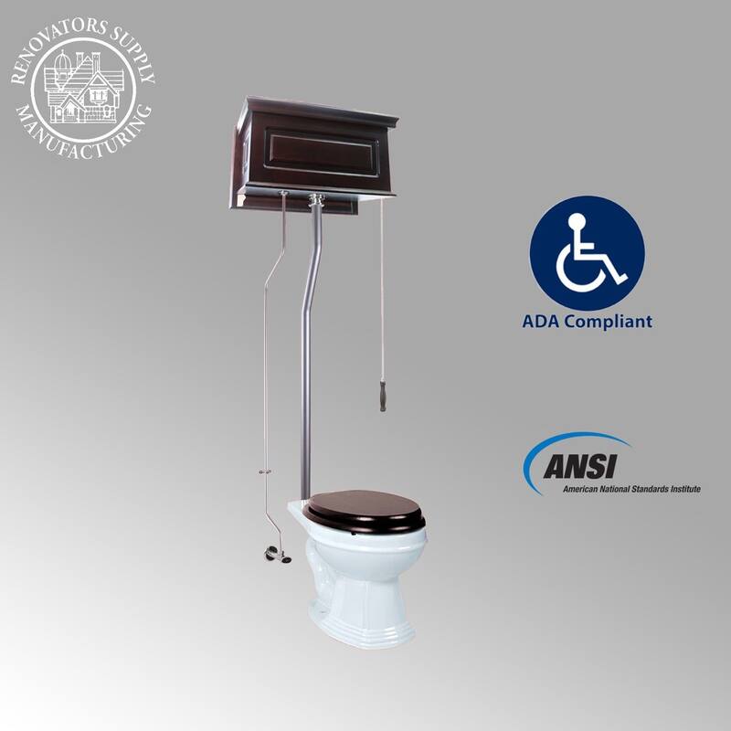 Dark Oak Wooden High Tank Toilet Raised Tank, Elongated White Bowl and Satin L Pipes