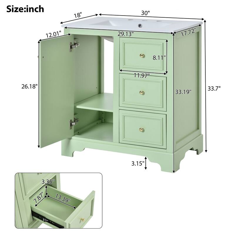 Modern 30" Bathroom Vanity Cabinet with Storage, Rectangular Ceramic Basin, and Soft-Close Design