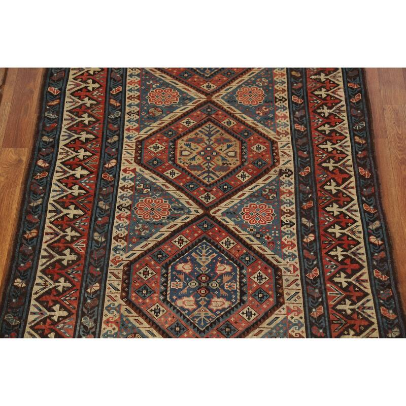 Hand Knotted Oriental 100% Wool Carpet Traditional Tribal Navy Blue & Blues Kazak Area Rug - 8' 6'' X 3' 8''