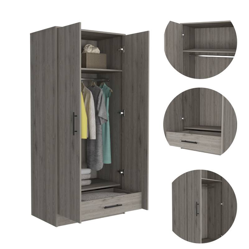 19.69" Modern Double-door Armoire with Metal Rod, Two Shelves and One Drawer