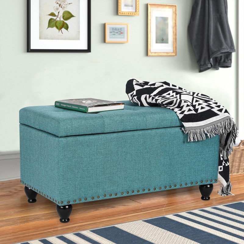 Adeco Rectangular Storage Ottoman Tufted Bench Footstool Velvet