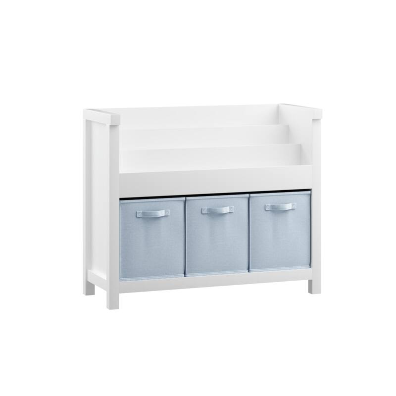 Anmytek White Kids Bookshelf with 3 Light Blue Fabric Bins - Wooden Book and Toy Storage Organizer with Tiered Display