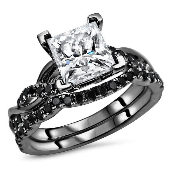 14k Black Gold Plating Over White Gold 2.0ct Princess cut Moissanite & 2/5ct Black Diamond Engagement Ring Set. Opens flyout.