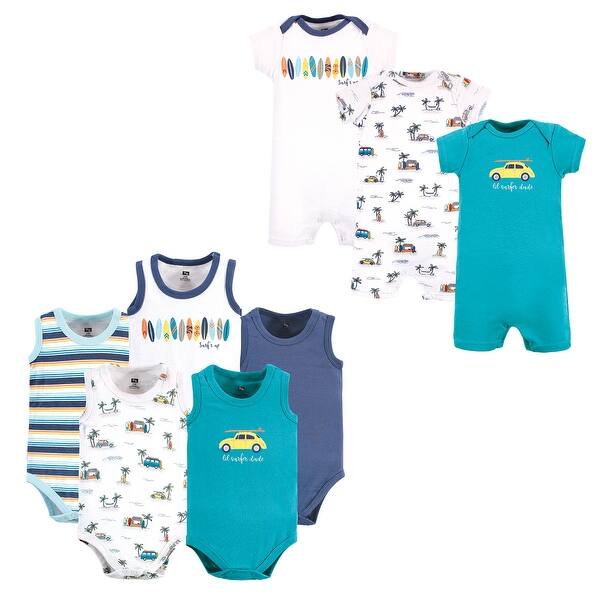slide 1 of 1, Hudson Baby Infant Boy Cotton Bodysuits and Rompers, 8-Piece, Surfer Dude 0 - 3 Months - Blue