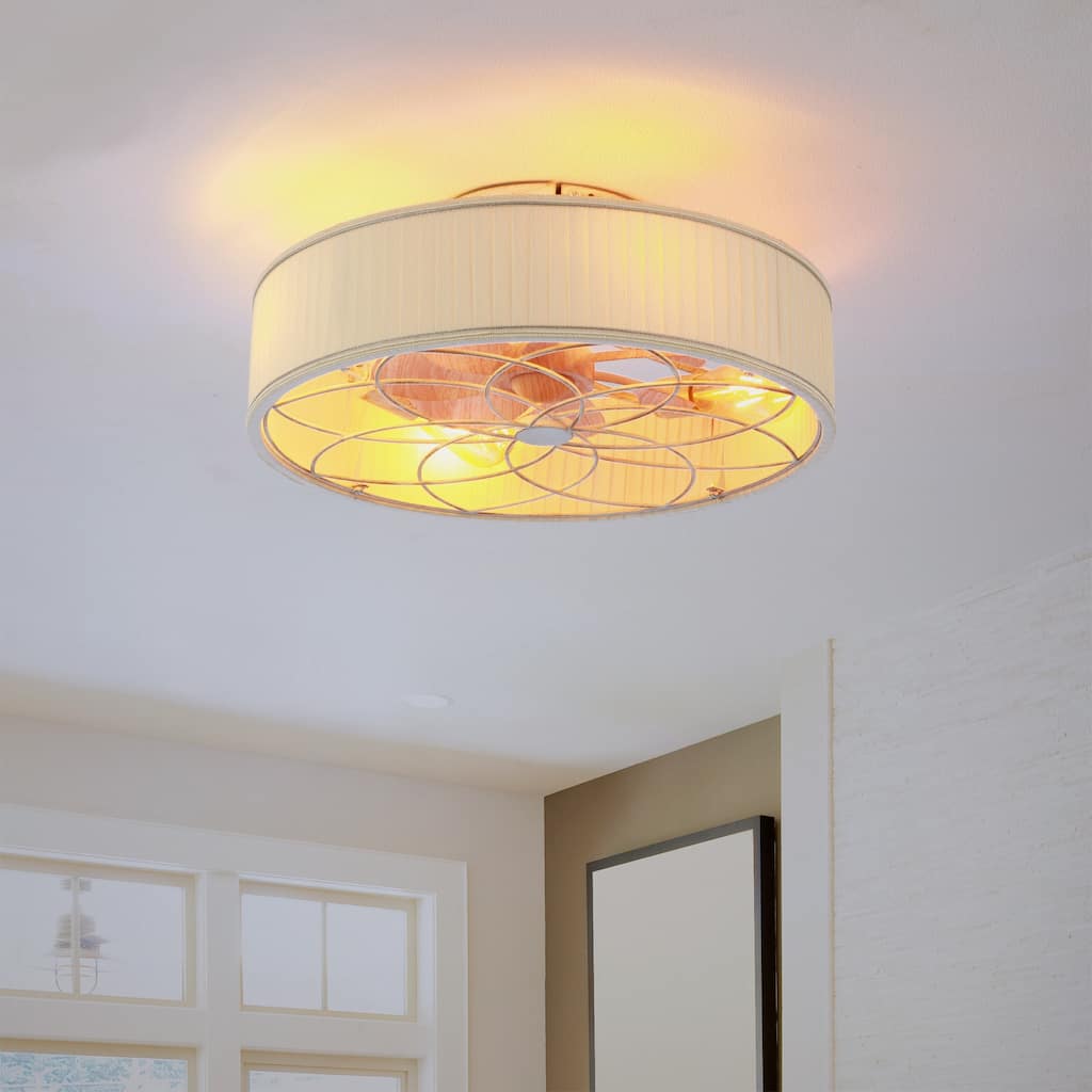 20" Farmhouse Fabric Matte White Bladeless Flush Mount Ceiling Fan With Light and Remote