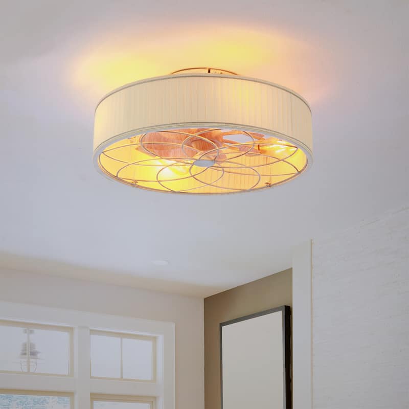 20" Farmhouse Fabric Matte White Bladeless Flush Mount Ceiling Fan With Light and Remote