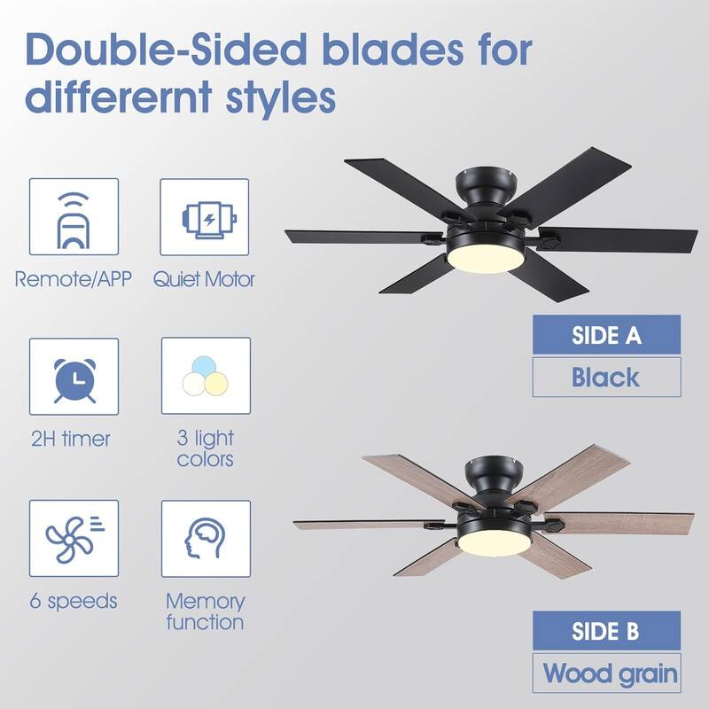 46/52 inch Flush Mount Ceiling Fan with Light,Remote and APP Control,6 Dual Side Blades,Reversible DC Motor