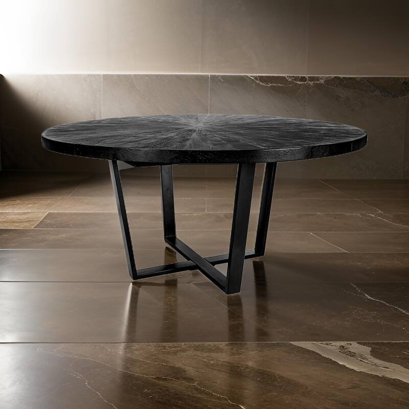 Raj 63 Inch Round Dining Table, Cross Legs Design, Black Acacia Wood, Iron