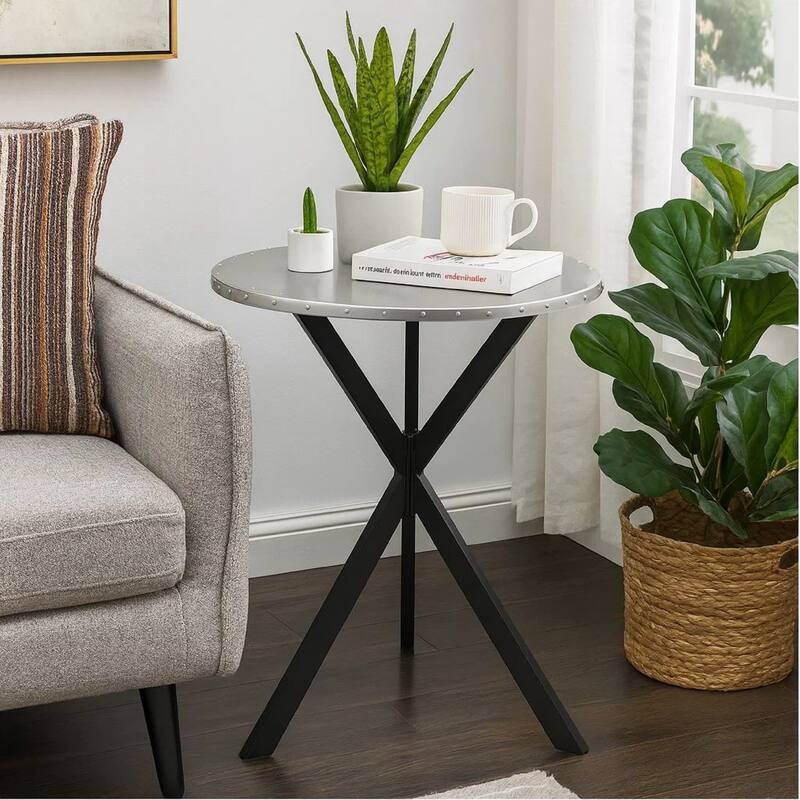 36 Inch Bar Table, Metal Top, Hammered Nails, Intersected Base, Silver